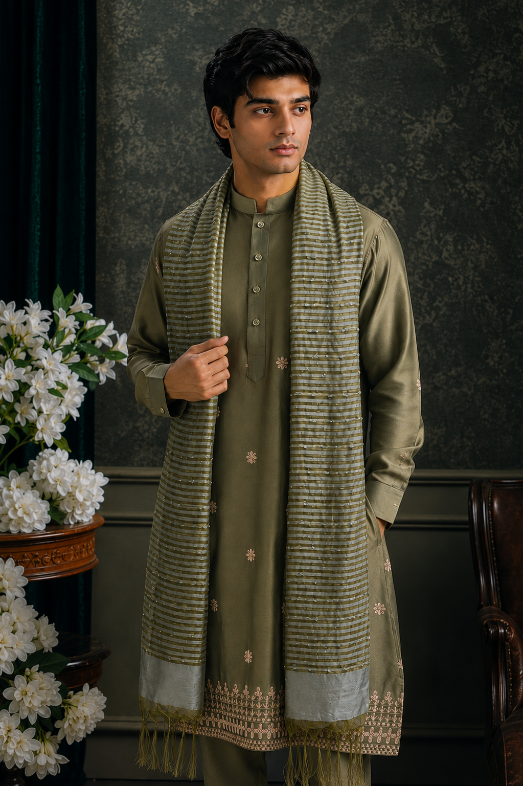 Olive Sage green Kurta set with Baghalpuri Silk Dupatta