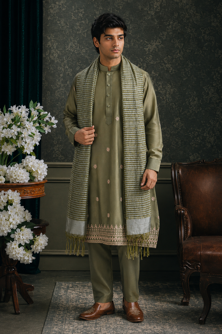 Olive Sage green Kurta set with Baghalpuri Silk Dupatta