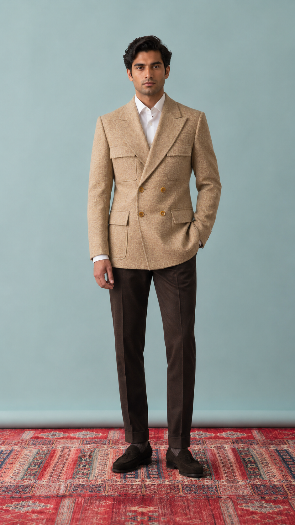 Tan Herringbone Double‑Breasted Blazer