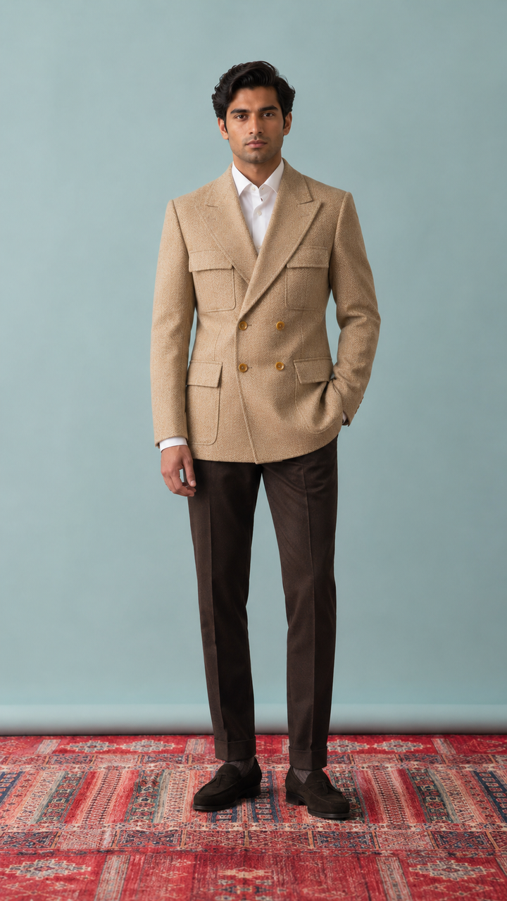 Tan Herringbone Double‑Breasted Blazer