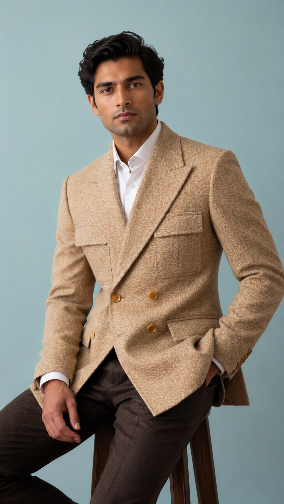Tan Herringbone Double‑Breasted Blazer