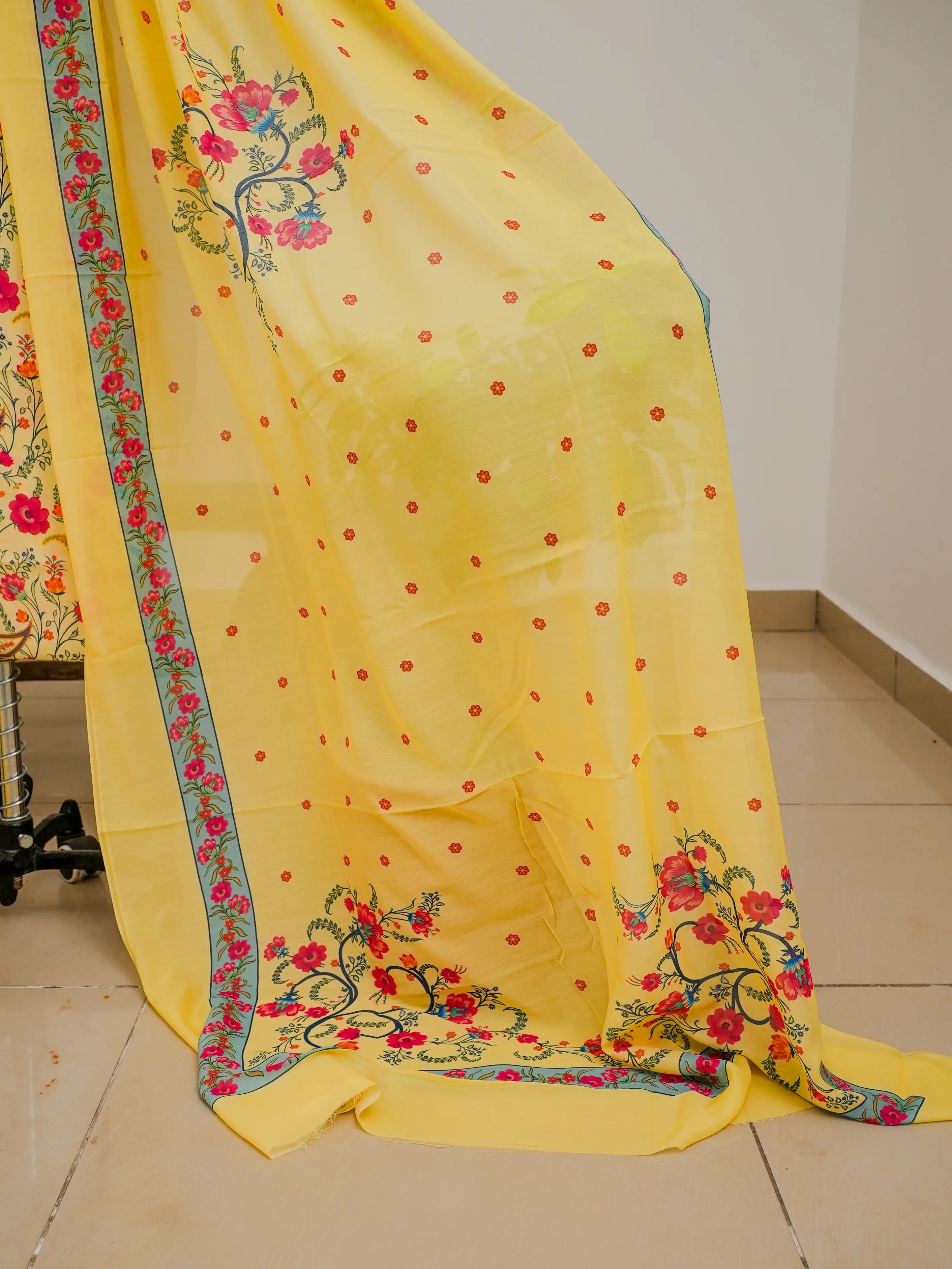 Mughal FLorals 3 Pcs Kurta Set - Yellow