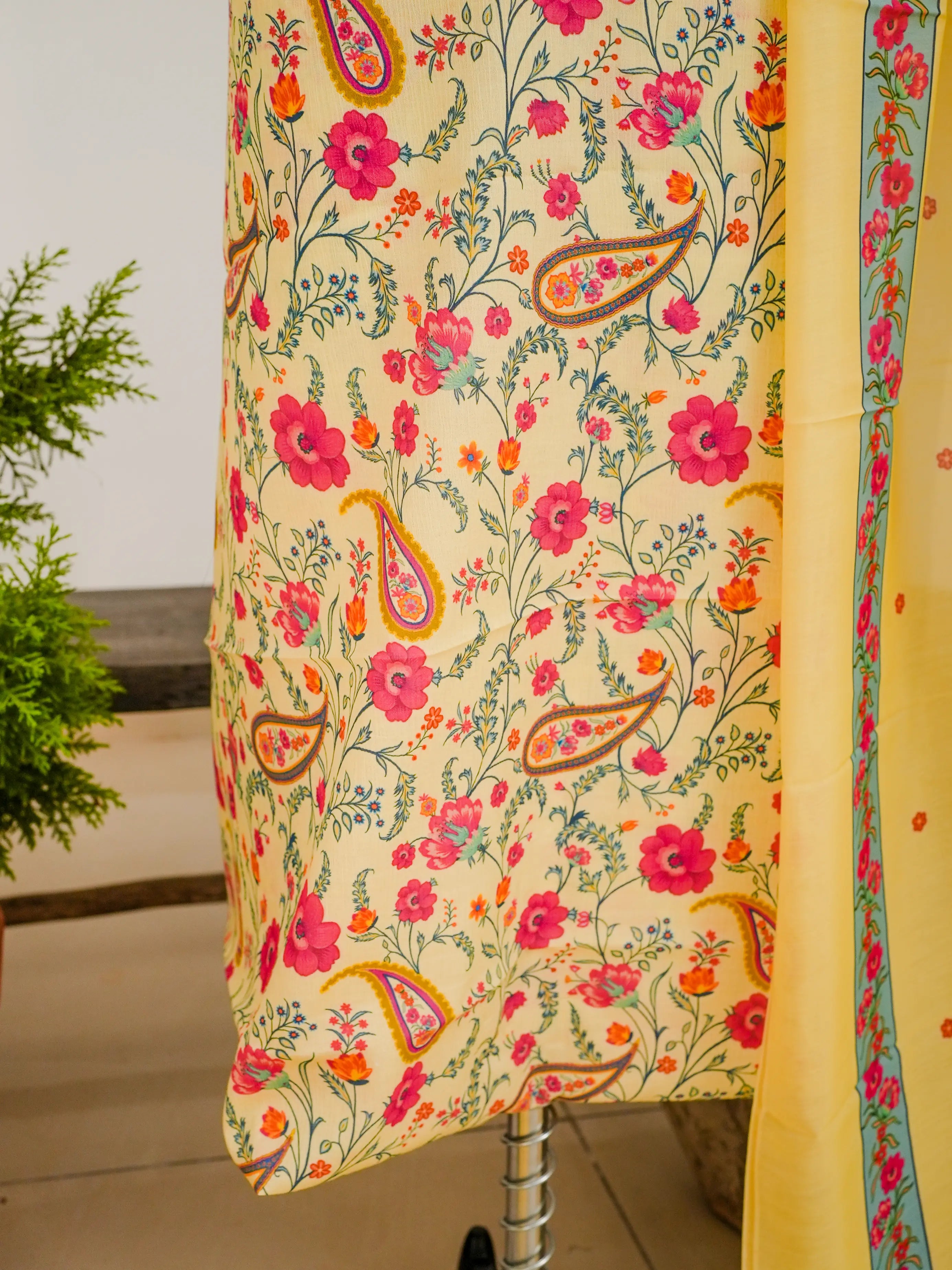 Mughal FLorals 3 Pcs Kurta Set - Yellow