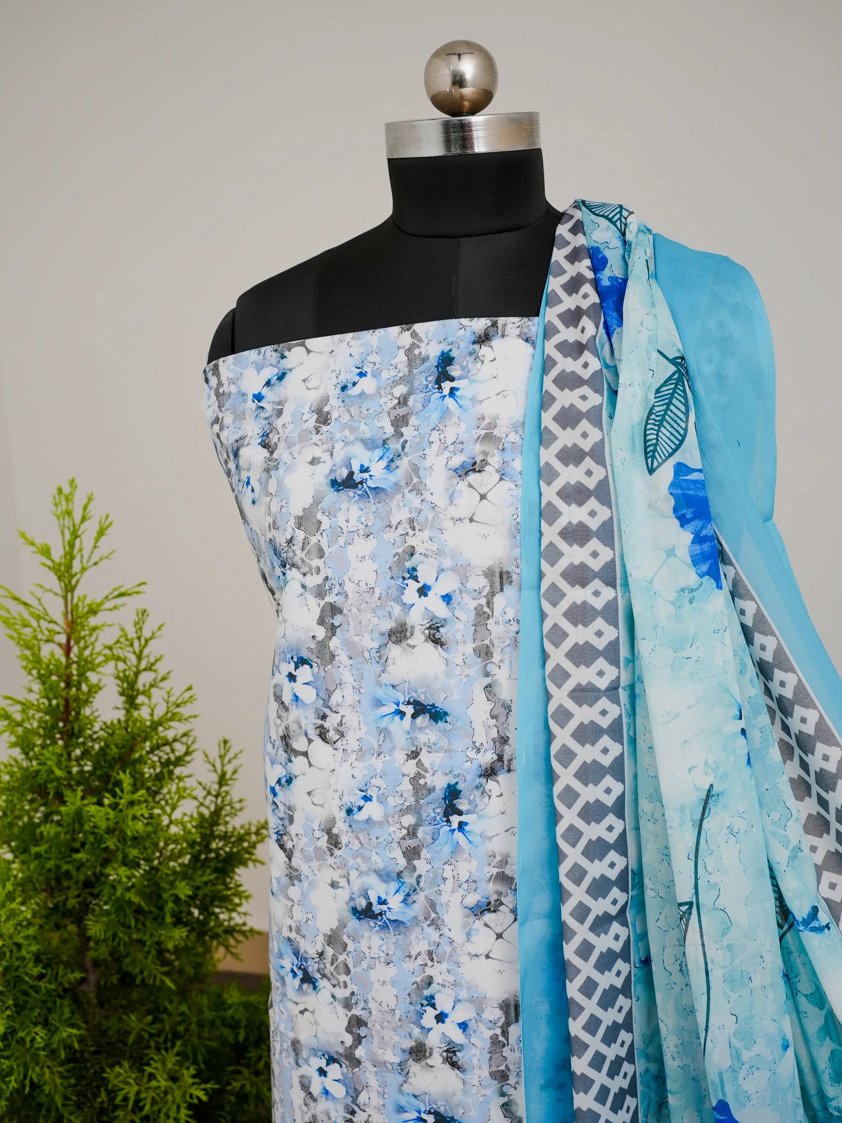 Abstract FLoral 3 Pcs Kurta Set - Blue