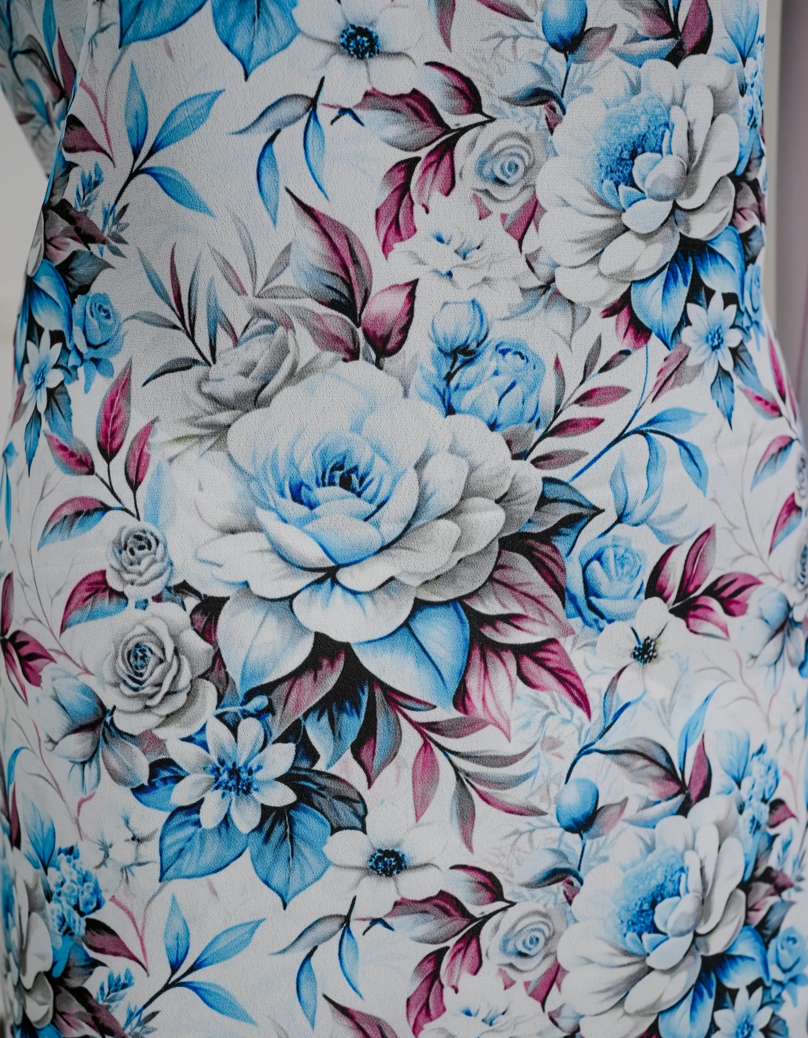 Pink Rose FLoral 3 Pcs Kurta Set - Blue