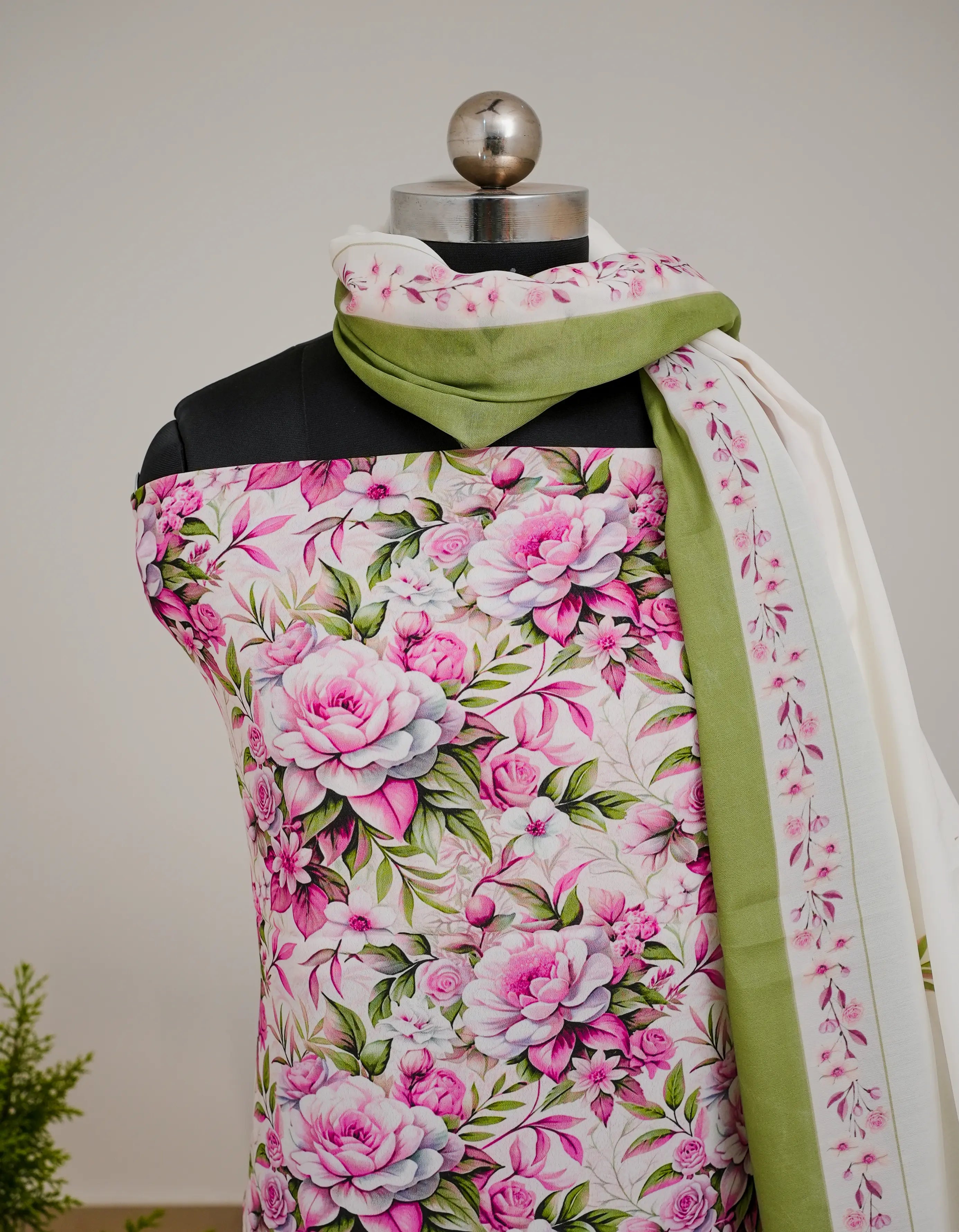 Pink Rose FLoral 3 Pcs Kurta Set - Pink