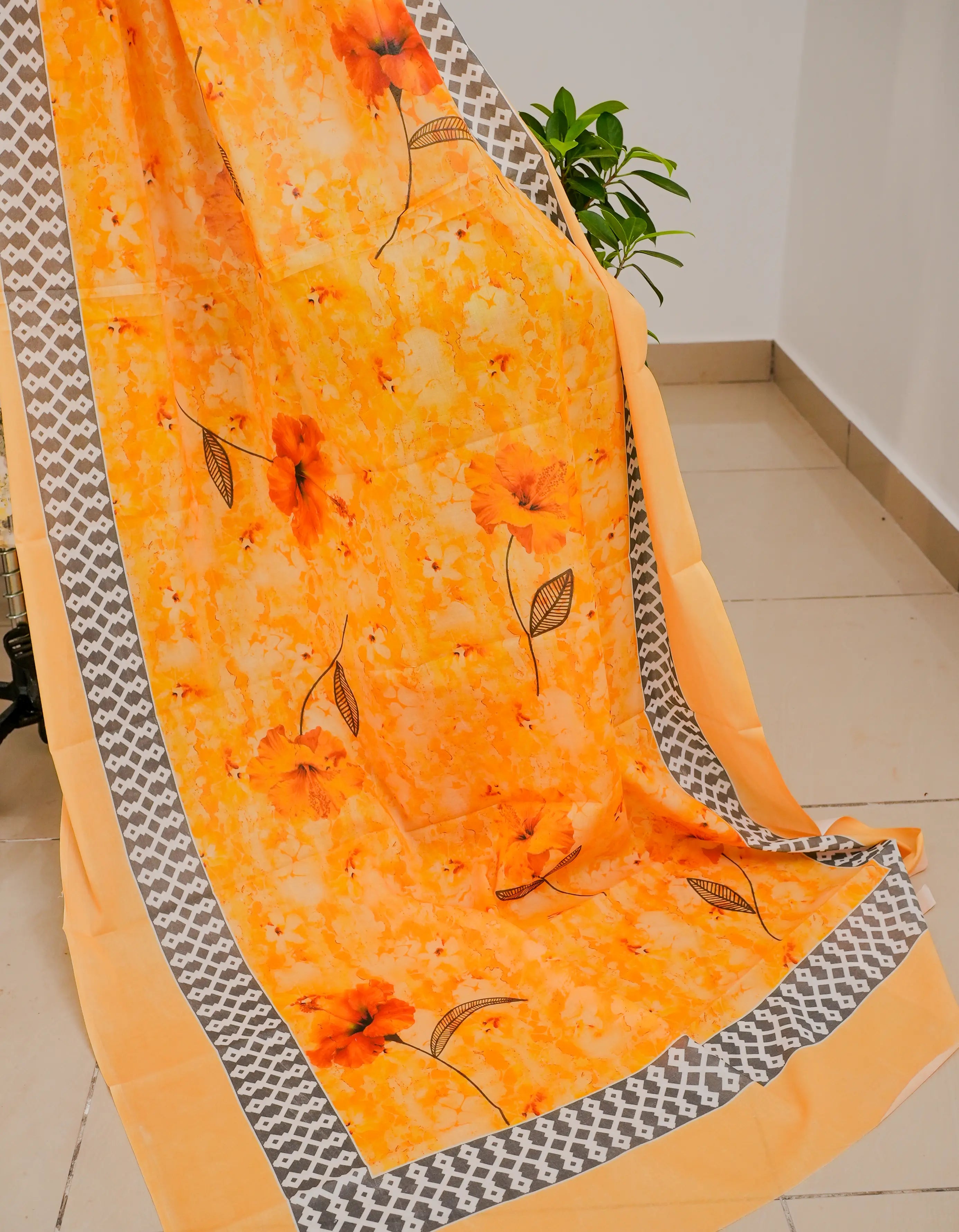 Abstract FLoral 3 Pcs Kurta Set - Lime