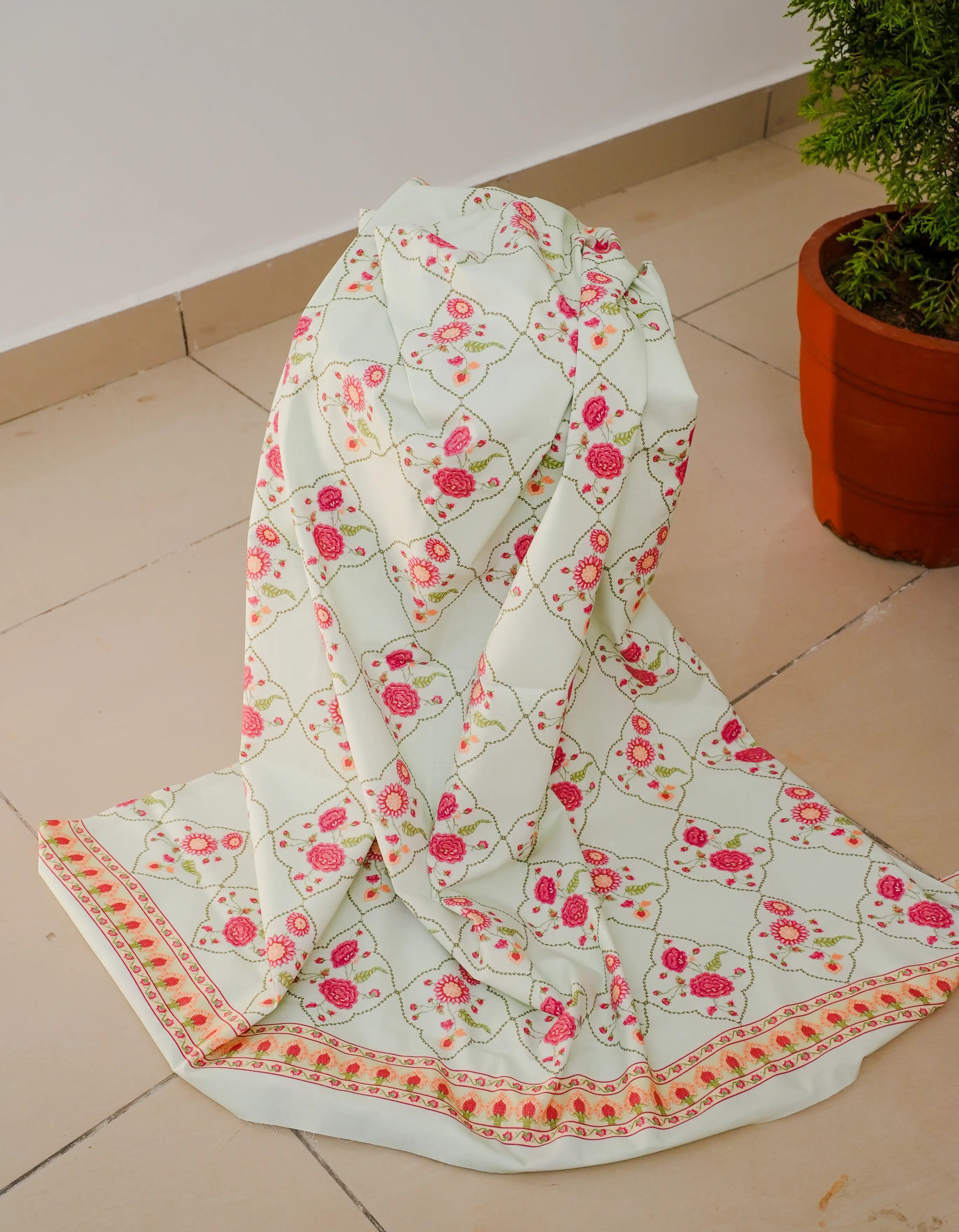 Green FLoral 3 Pcs Kurta Set