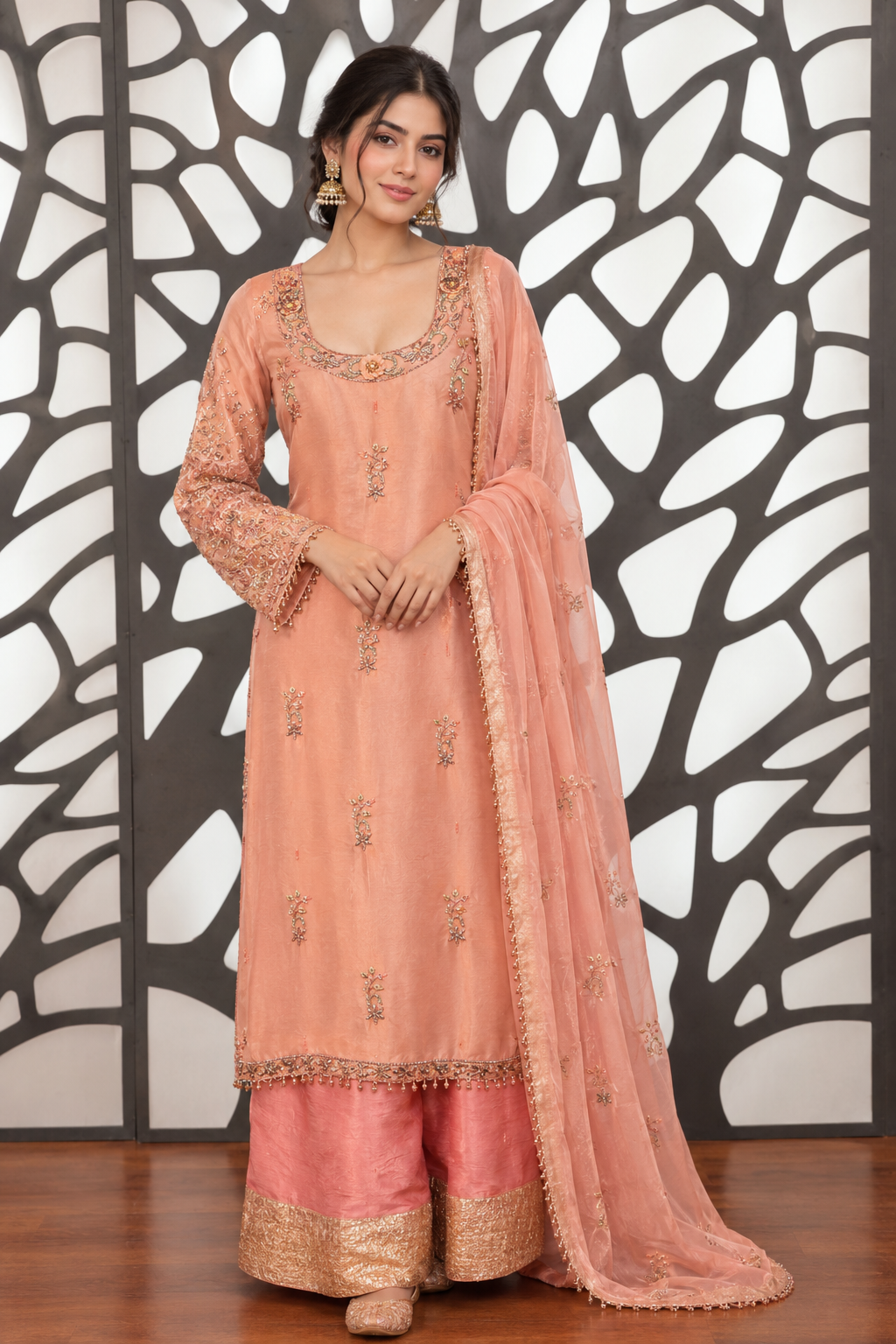 Dusty Rose & Gold 3D Floral Unstitched Three-Piece Set