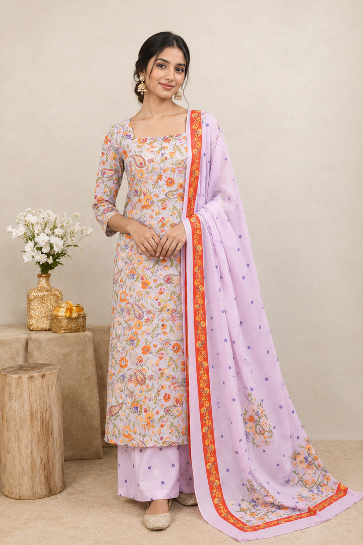 Mughal Florals 3 Pcs Kurta Set - Pink