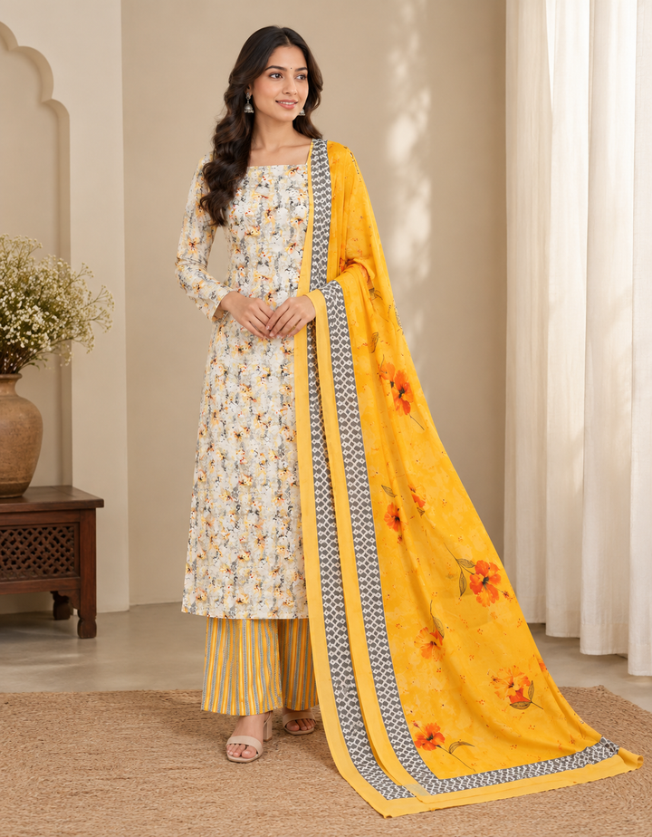 Abstract FLoral 3 Pcs Kurta Set - Yellow