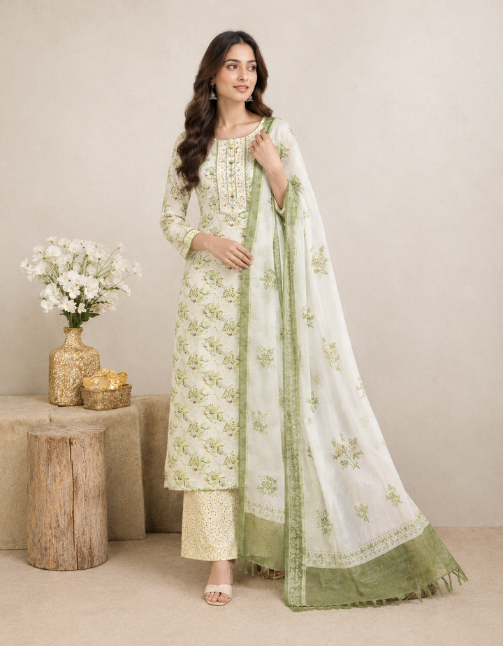 Minimal Florals 3 Pcs Kurta Set - Green