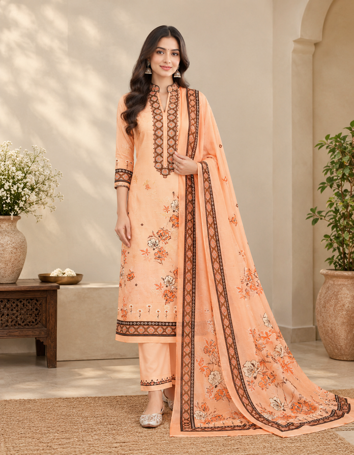 Vintage Floral 3 Pcs Kurta Set - Peach