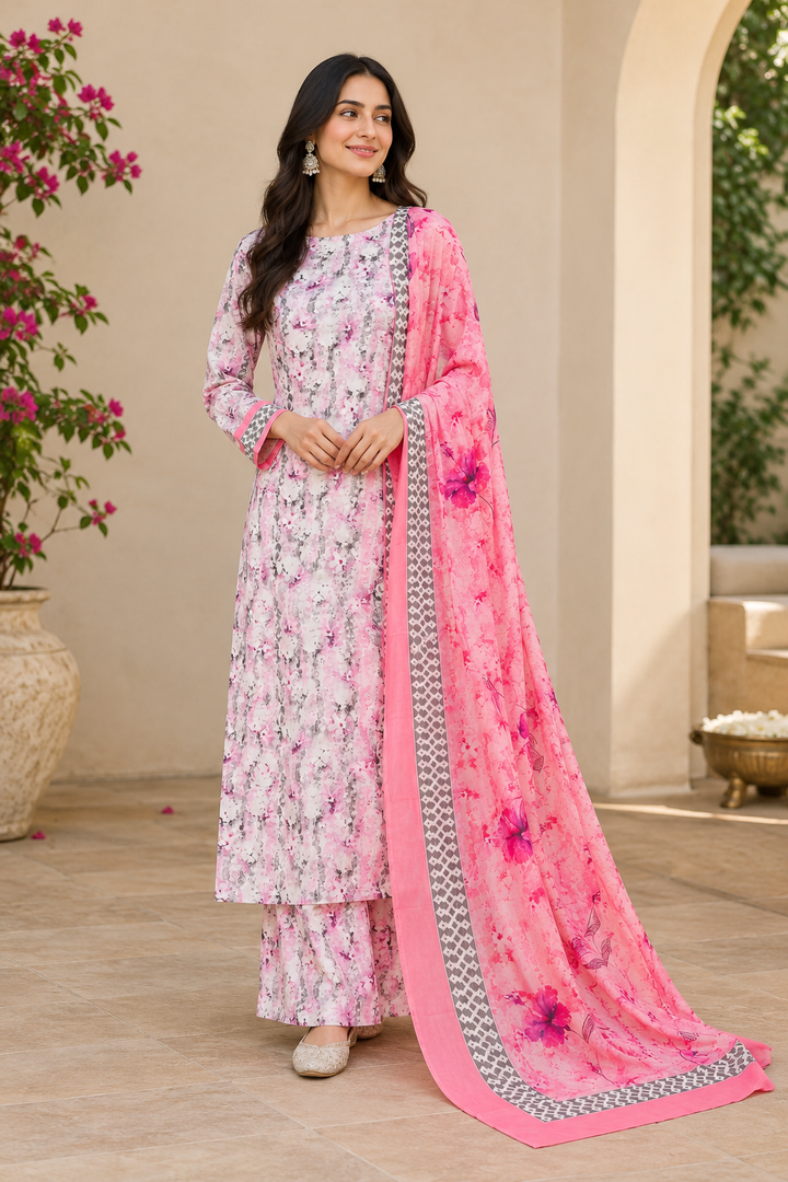 Abstract FLoral 3 Pcs Kurta Set - Megenta