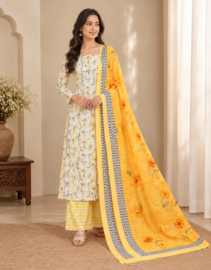 Abstract FLoral 3 Pcs Kurta Set - Lime