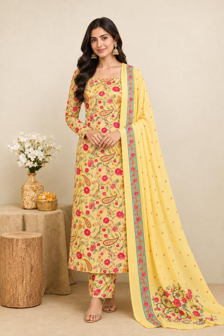 Mughal Florals 3 Pcs Kurta Set - Yellow
