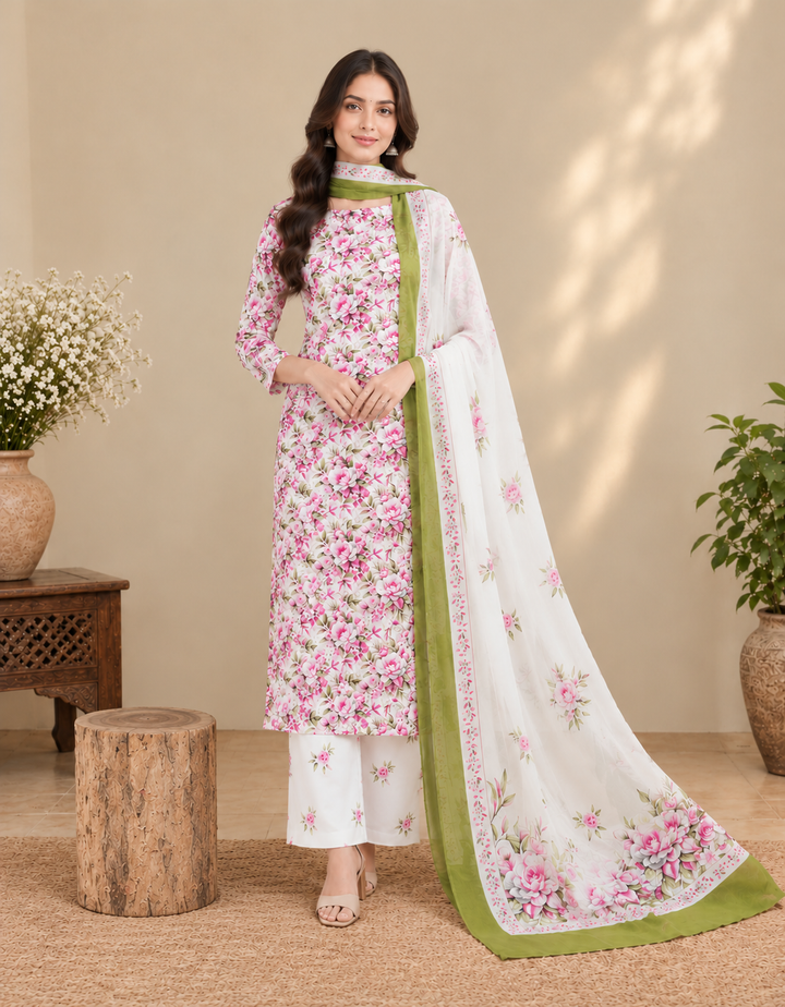 Pink Rose FLoral 3 Pcs Kurta Set - Pink