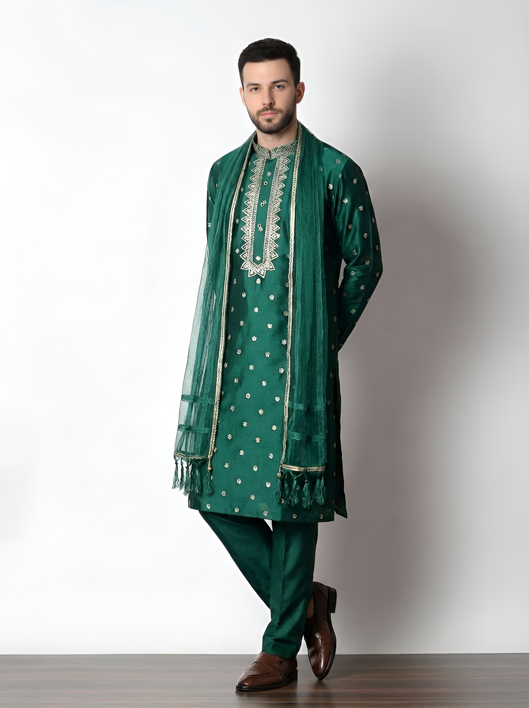 Dark Green Chanderi Silk Kurta Pajama with Baghalpuri Silk Dupatta (GREEN-1)