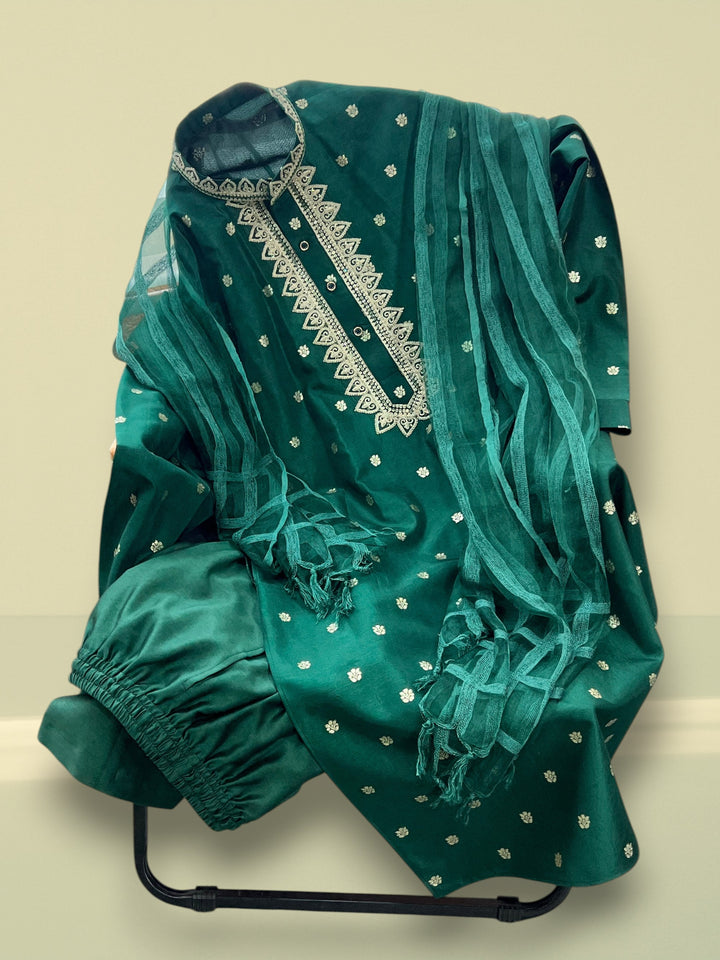 Bottle Green Chanderi Silk Kurta Pajama with Baghalpuri Silk Dupatta