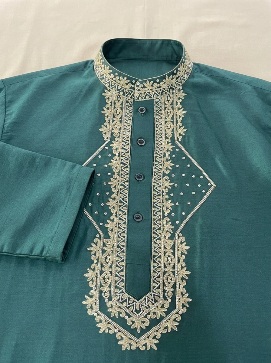 Green Chanderi Silk Kurta Pajama with Patterned Baghalpuri Silk Dupatta (Bottle Green)