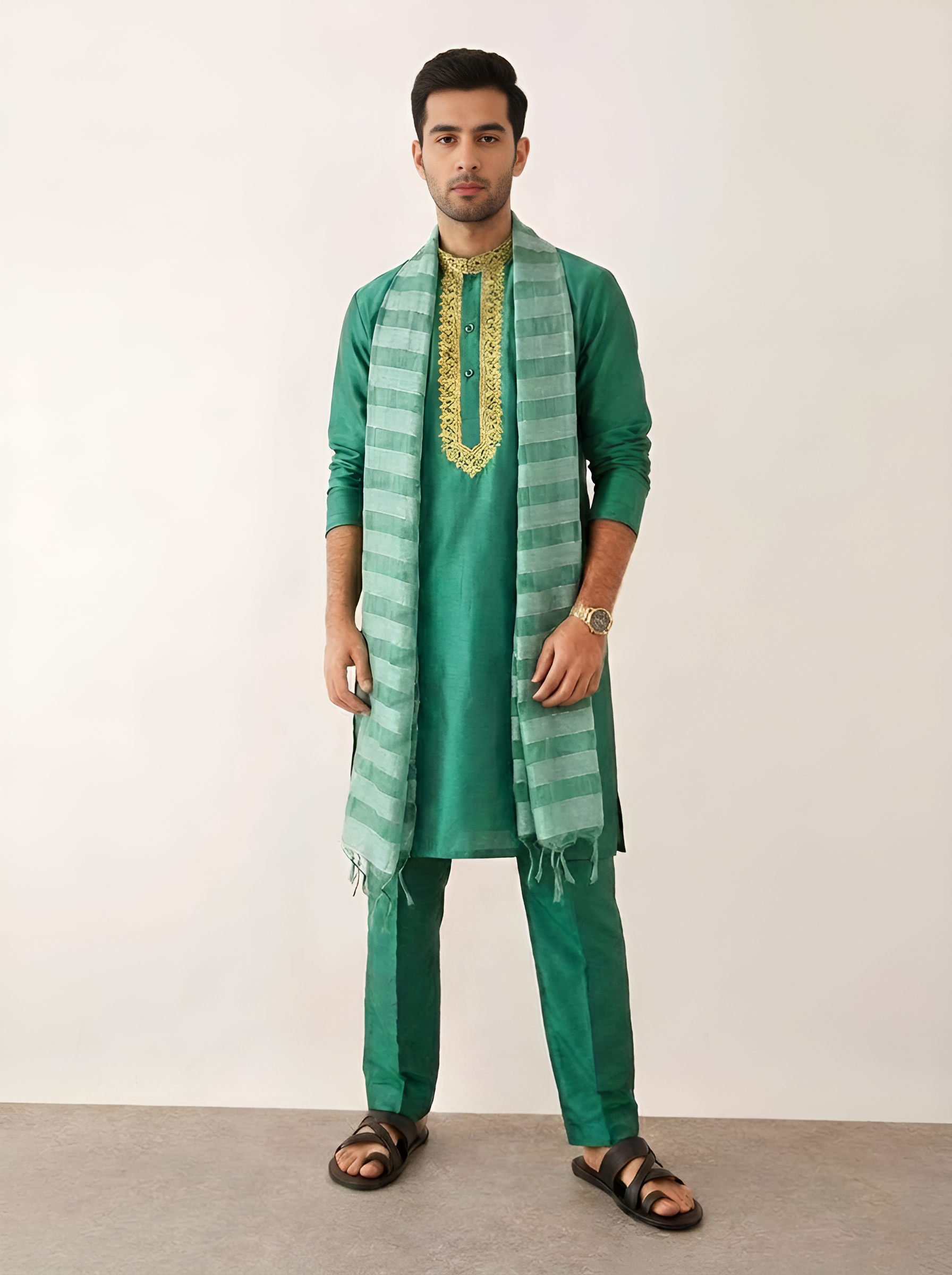 Light Green Chanderi Silk Kurta Pajama with Striped Baghalpuri Silk Dupatta (GREEN-3)