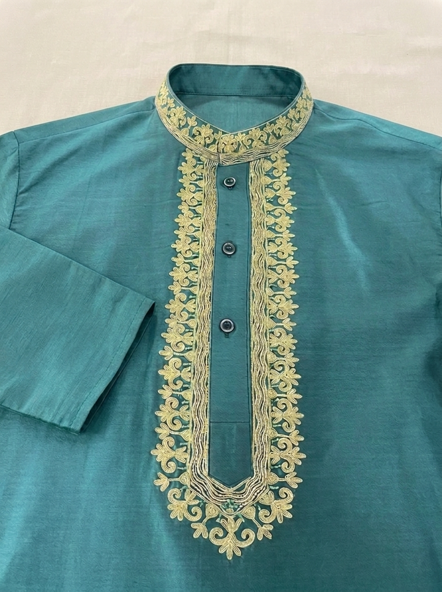Light Green Chanderi Silk Kurta Pajama with Striped Baghalpuri Silk Dupatta (GREEN-3)