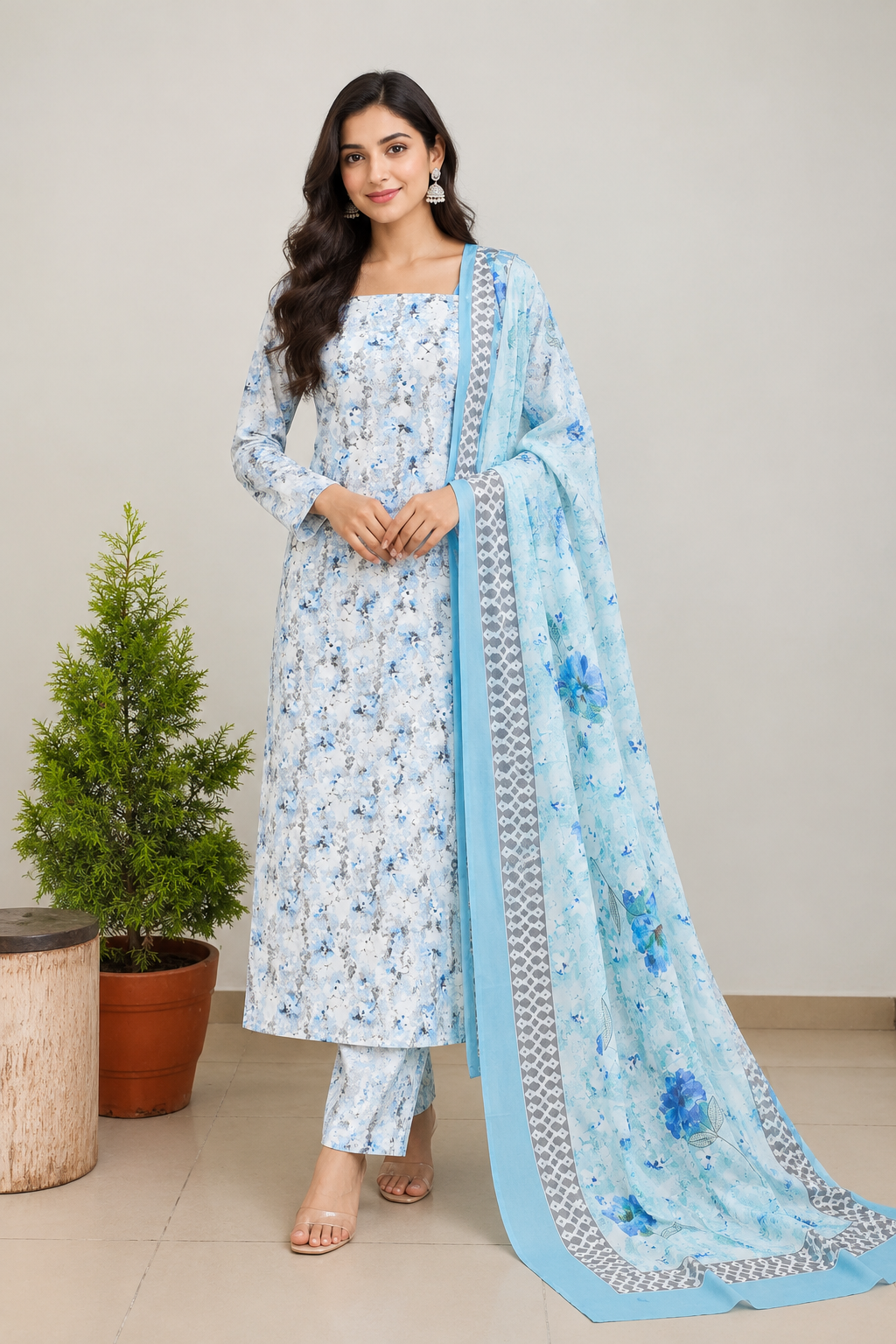 Abstract FLoral 3 Pcs Kurta Set - Blue