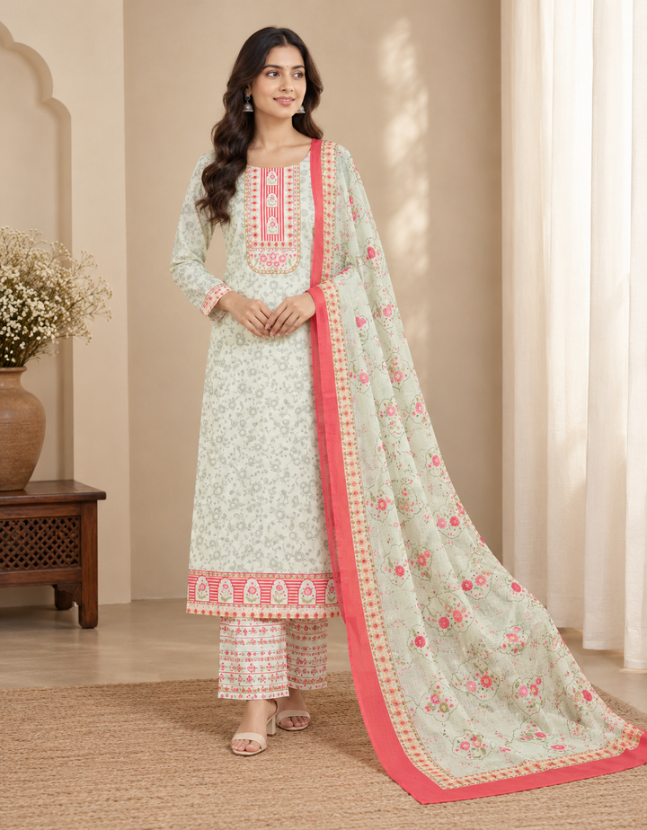 Green FLoral 3 Pcs Suit Set