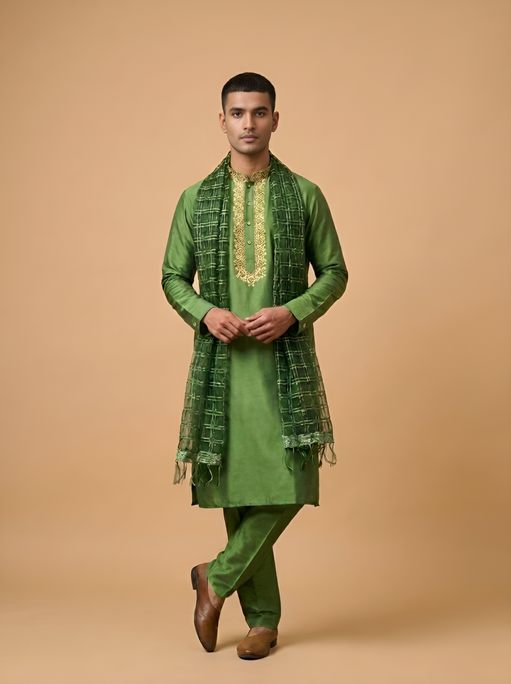 Light Green Chanderi Silk Kurta Pajama with Striped Baghalpuri Silk Dupatta (Olive Green)