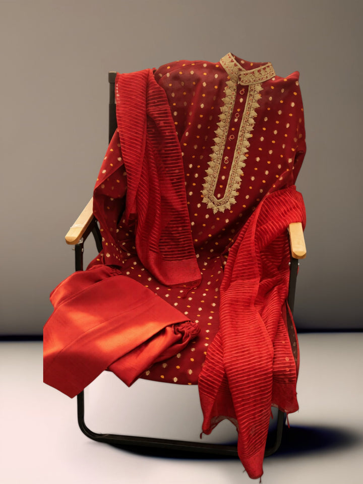 Deep Red Chanderi Silk Kurta Pajama with Baghalpuri Silk Dupatta