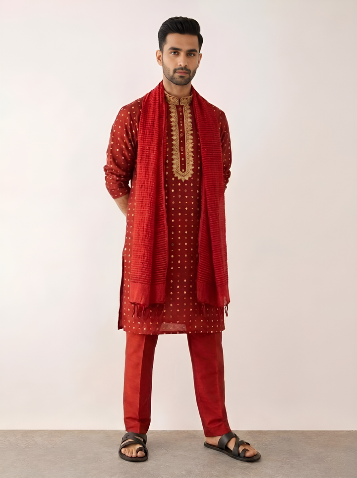 Deep Red Chanderi Silk Kurta Pajama with Baghalpuri Silk Dupatta (RED)