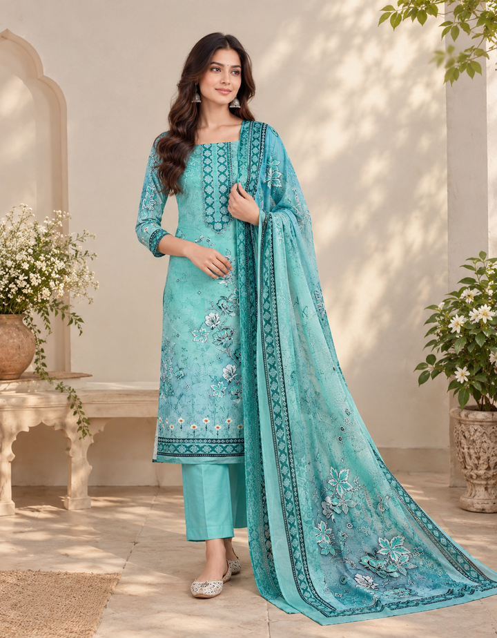 Vintage Floral 3 Pcs Kurta Set - Blue