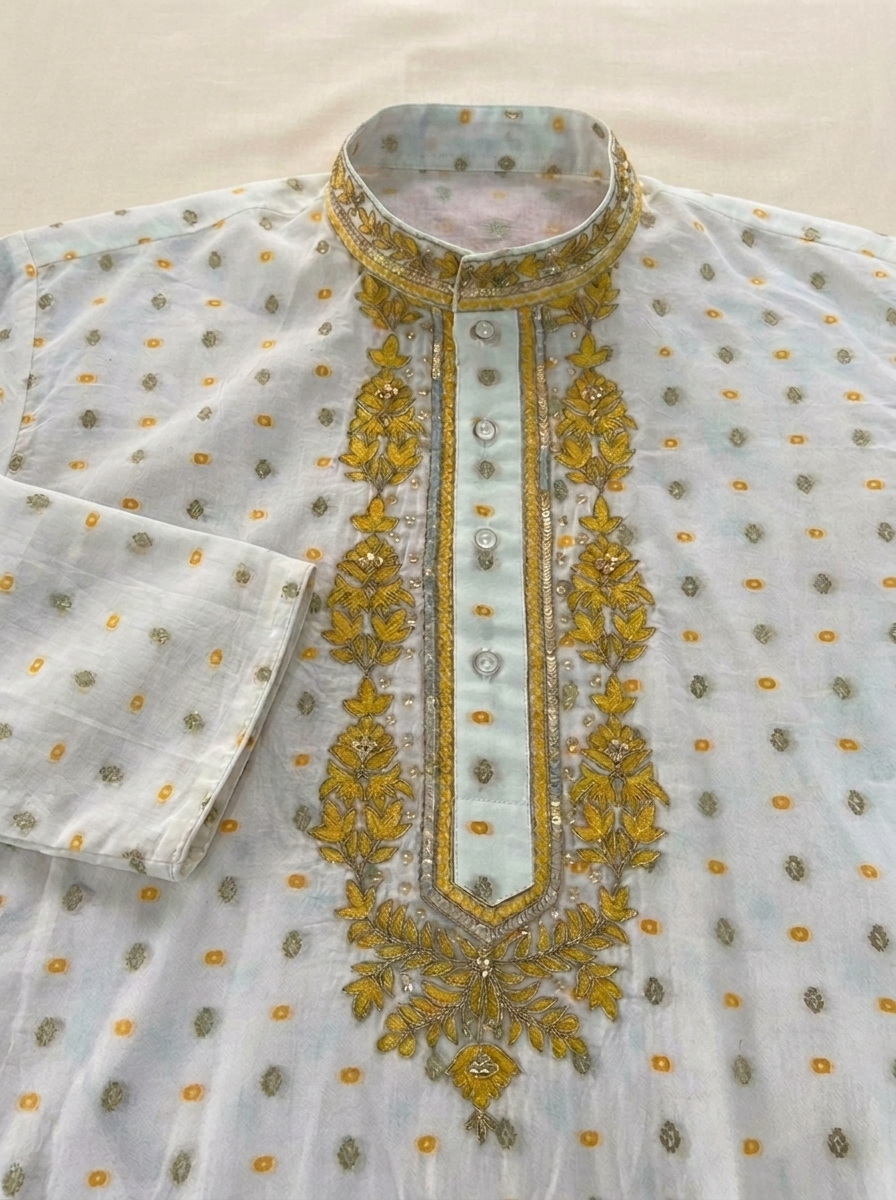 White Chanderi Silk Kurta Salwaar with Cream‑Yellow Baghalpuri Silk Dupatta (WHITE)