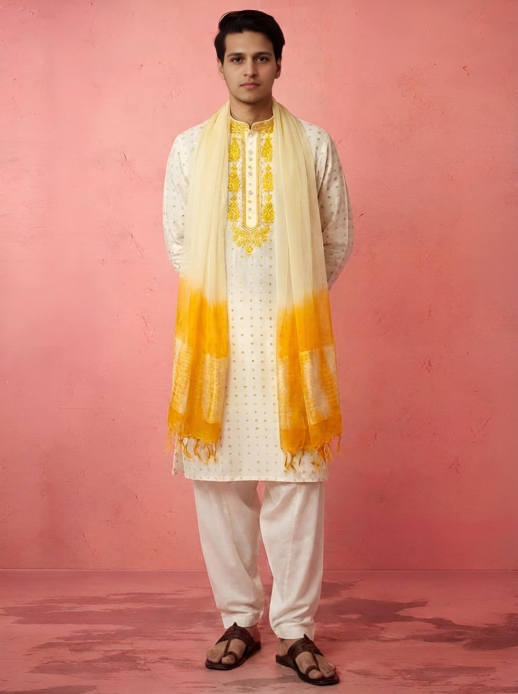 White Chanderi Silk Kurta Salwaar with Cream‑Yellow Baghalpuri Silk Dupatta (WHITE)