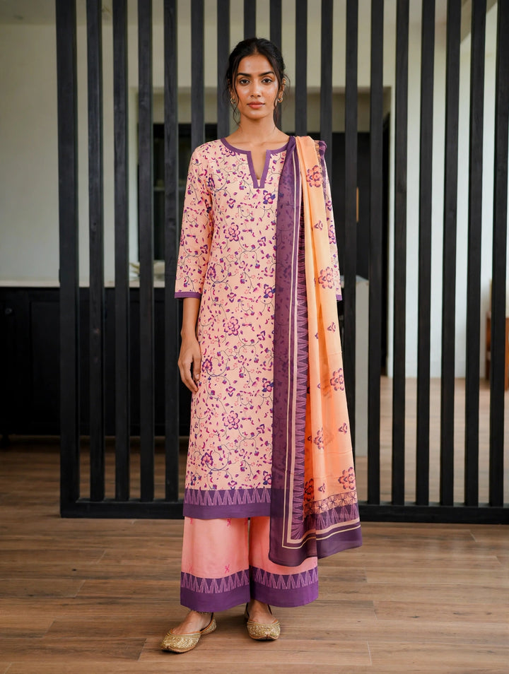Ombre Floral 3 Pcs Kurta Set - Pink
