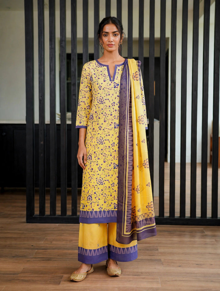 Ombre Floral 3 Pcs Kurta Set - Yellow