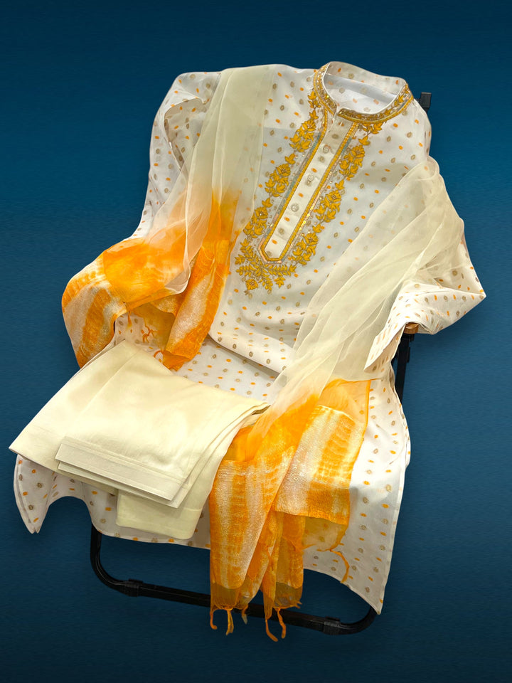 White Chanderi Silk Kurta Salwaar with Cream‑Yellow Baghalpuri Silk Dupatta